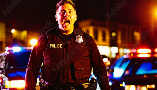 photo of police officer law enforcement standing working on scene with angry feeling at night, generative AI © Flash