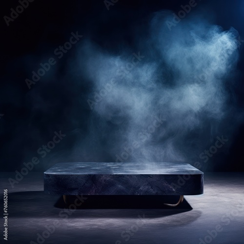 a large Indigo marble coffee table in the background, in the style of smokey background