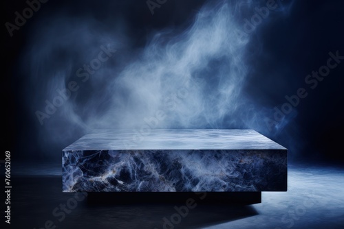 a large Indigo marble coffee table in the background, in the style of smokey background