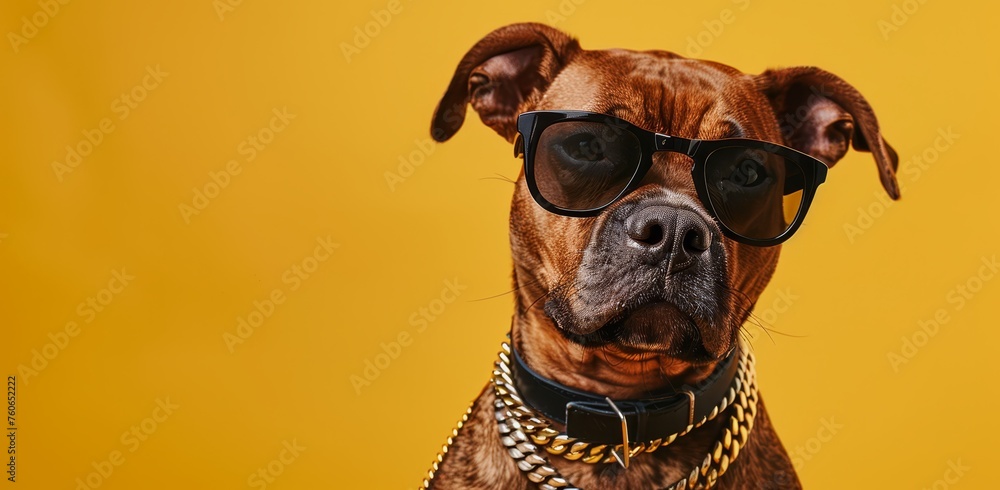 A brown dog with black sunglasses, wearing gold chain necklaces and a cap on its head