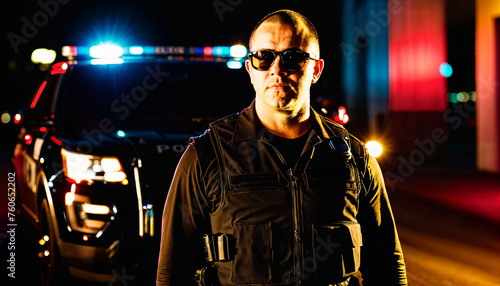 photo of police officer law enforcement standing with sunglasses at night with light in background, generative AI © Flash