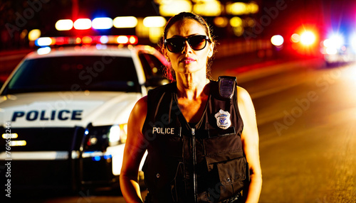photo of police officer law enforcement standing with sunglasses at night with light in background, generative AI photo
