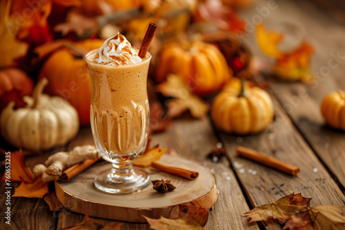 A glass of pumpkin spice smoothie topped with whipped cream and a dusting of cinnamon.