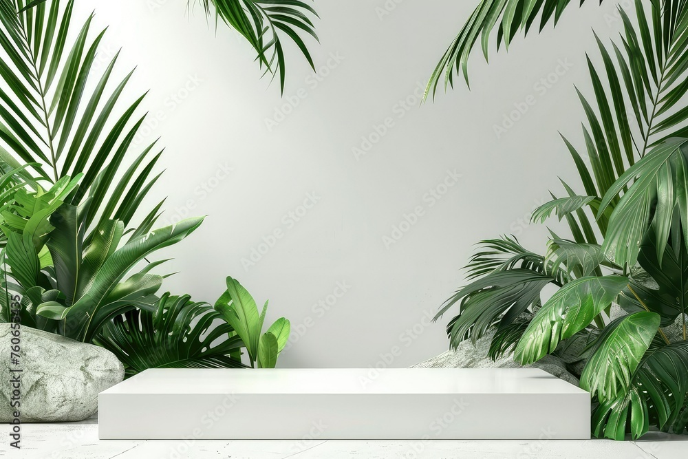 A blank white round table among tropical plants with sunlight, beautiful leaves shadow on white wall in background. Mock up, Display, Podium, Stand. A blank white round table among tropical plants with sunlight, beautiful leaves shadow on white wall in background. Mock up, Display, Podium, Stand.