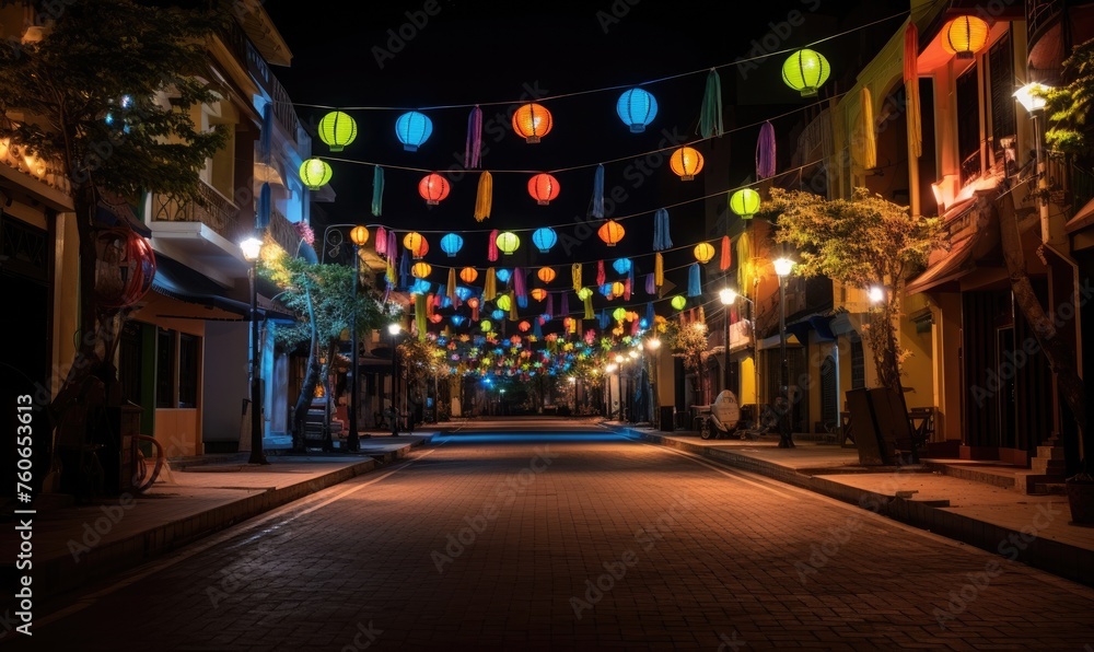 Street lanterns illuminate residential area at night
