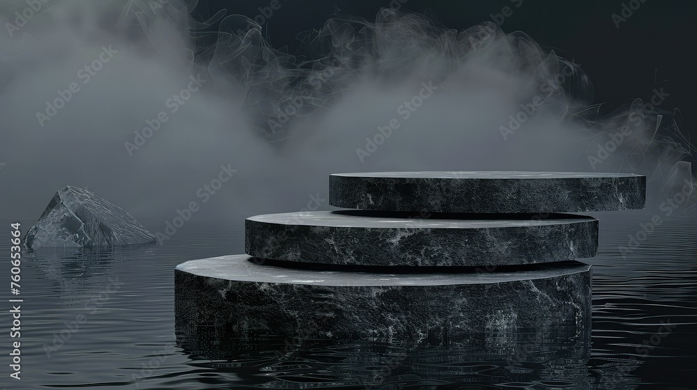 Abstract minimal concept dark background with natural granite stones podium on water and smoke surrounding mock up template for product presentation 3d rendering copy text space.