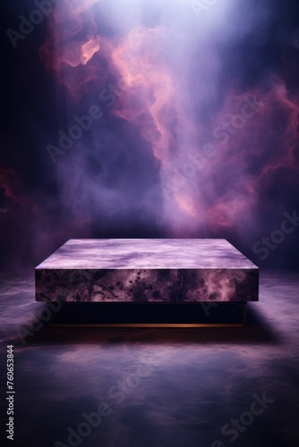 a large Purple marble coffee table in the background, in the style of smokey background