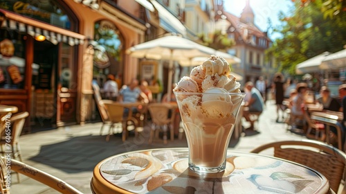 Ice cream in glass cup standing on street cafe table wallpaper background