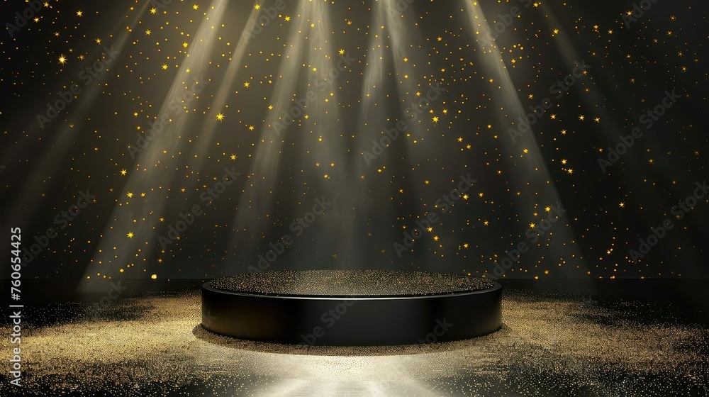 Obraz premium Black podium product stage with spotlight and golden glitter background.