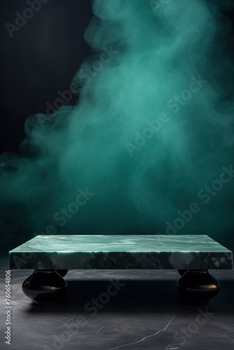 a large Turquoise marble coffee table in the background, in the style of smokey background