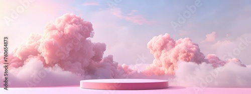 Pink background podium  3d product sky platform display cloud pastel scene renders stand. 
