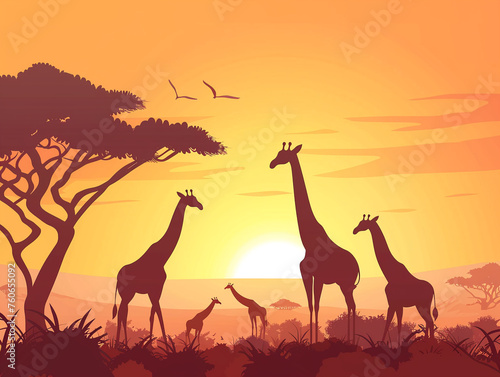 Sunrise over Serengeti a backdrop for a tender giraffe family moment