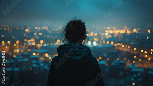 Nighttime view of a person gazing at city lights photo