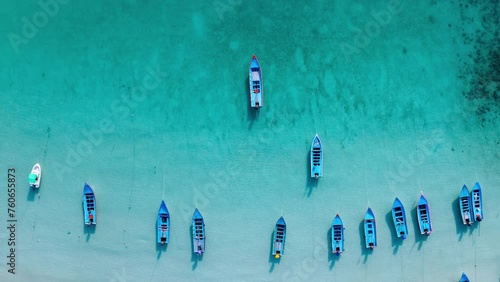 Drone Hyperlaps ,Aerial top view boat on sea in summer day.