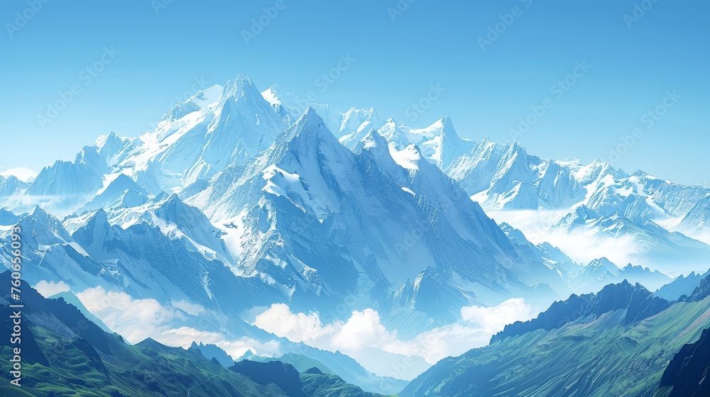Panoramic view of a majestic mountain range with snow-capped peaks under a clear blue sky.