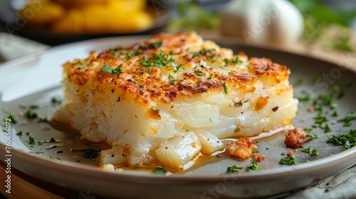 A close-up of a deliciously baked potato gratin with a golden cheese crust and fresh herbs.
