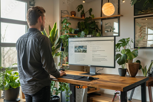 Worker at a standing desk stretching