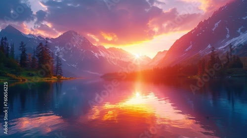A mesmerizing sunset creates a spectrum of colors over a peaceful mountain lake surrounded by pine trees.