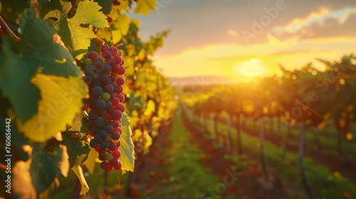 A vineyard at sunset, rays illuminating ripe grape clusters, evoking a warm, harvest-ready atmosphere.