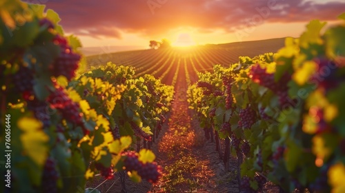 Sunset casting a warm glow over rows of lush grapevines, symbolizing rich agriculture and winemaking tradition.