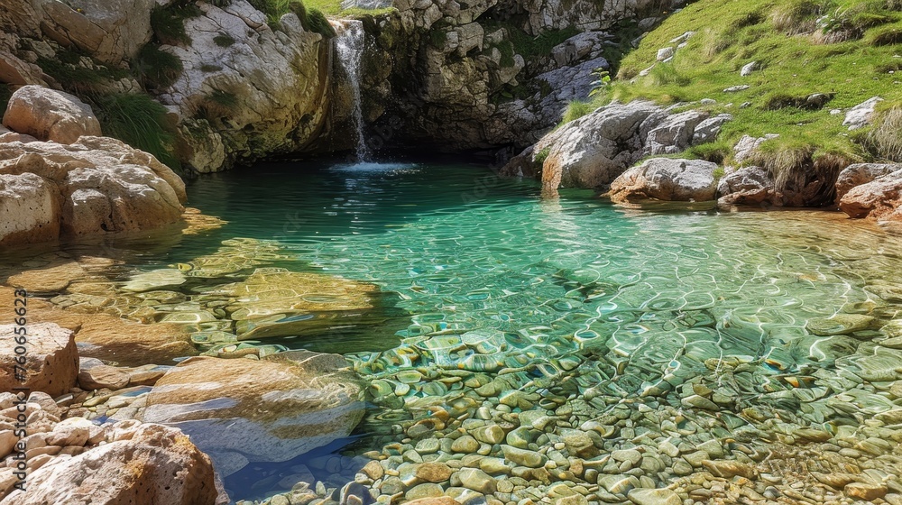 Gentle waterfall pouring into a sun-kissed rock pool with crystal clear water, surrounded by natural stones and greenery. Gentle waterfall pouring into a sun-kissed rock pool with crystal clear water, surrounded by natural stones and greenery.
