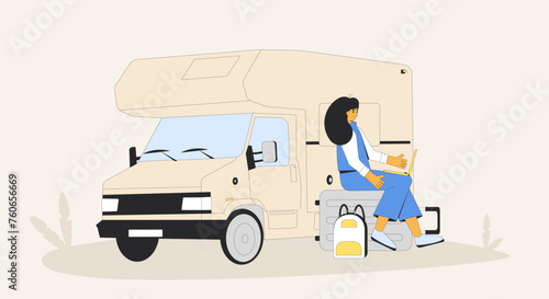 Young woman sitting on suitcase and working with her laptop near caravan. Digital nomad lifestyle with camper trailer. Road trip vacation. Summer holiday journey. Vector flat illustration