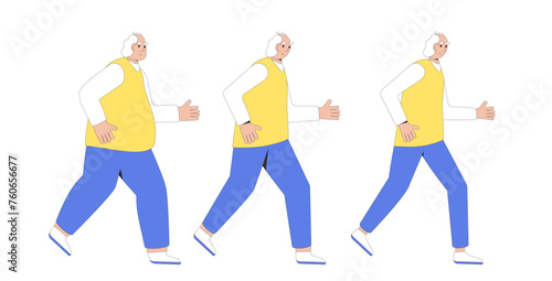 Weight loss senior man. Before and after exercises. Elderly male character with different body mass