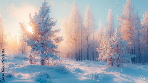 A serene sunrise blankets a winter wonderland, casting a warm glow on the frost-kissed trees and undisturbed snow.
