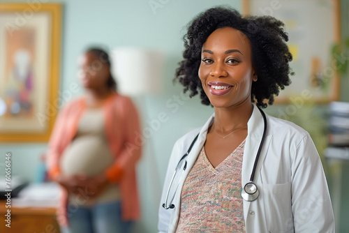 Obstetrician service, pregnant woman in hospital room, prenatal exam, maternal health check.