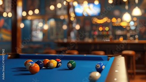 Entertainment and recreation in the club. Pool balls on a pool table. A game of billiards
 photo