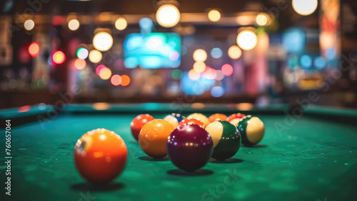 Entertainment and recreation in the club. Pool balls on a pool table. A game of billiards 