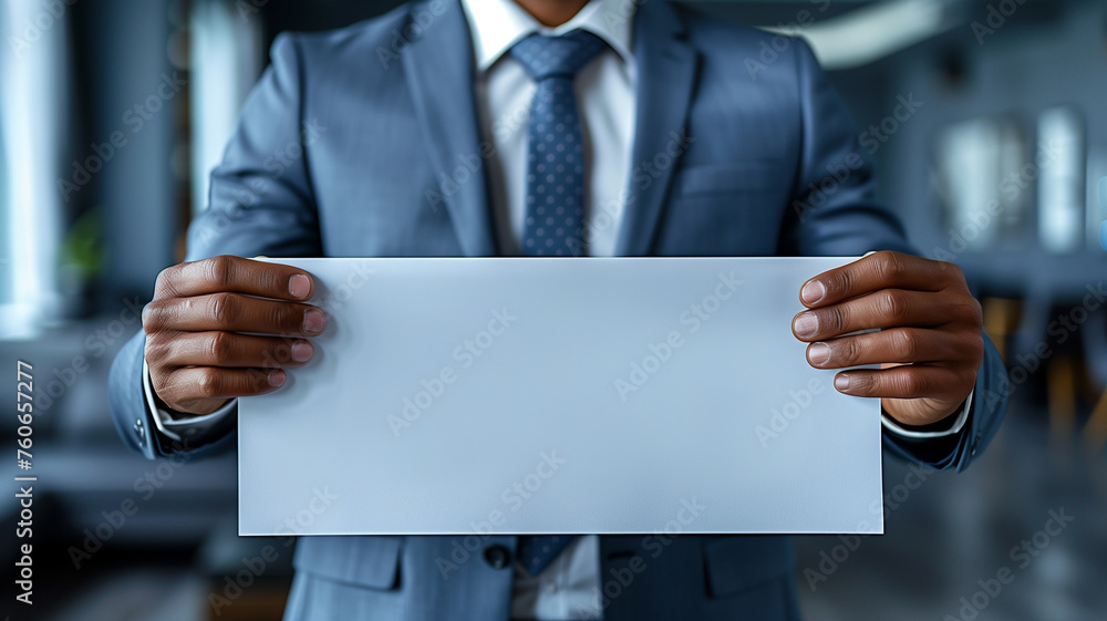 Businessman hands showing empty white paper with blurred background. Businessman hands showing empty white paper with blurred background.