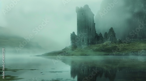 Eerie ruins of an ancient castle standing silent on a foggy lake shore  with ethereal mist enveloping the landscape at dusk.