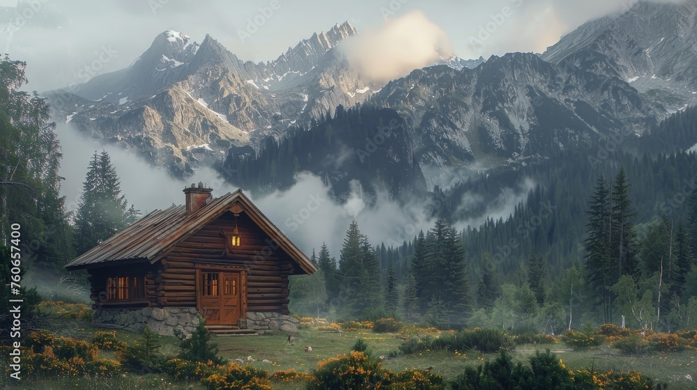 A peaceful wooden cabin surrounded by blooming wildflowers with a dramatic mountain range and misty forest in the background, captured in the soft light of dawn.