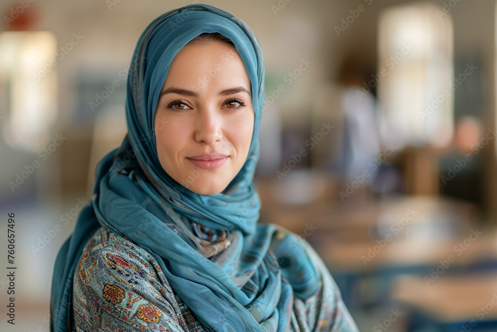 Muslim educator in school, teaching diversity, education portrait, classroom scene. Muslim educator in school, teaching diversity, education portrait, classroom scene.
