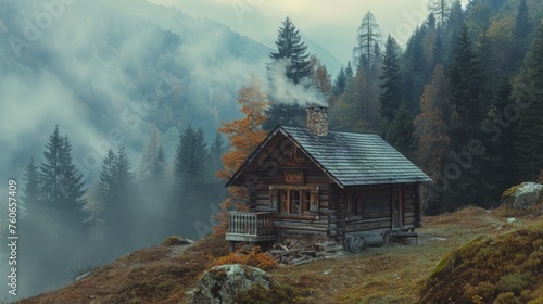 A rustic wooden cabin nestles amidst forested mountains, with swirling mist and the warm tones of autumn foliage creating an enchanting, serene atmosphere.