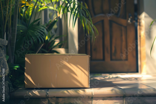 A cardboard box is placed in front of the door, the increasing popularity of online ordering and the convenience and speed of product delivery