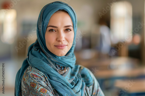 Muslim educator in school, teaching diversity, education portrait, classroom scene.