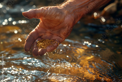 Hand of a prospector panning for gold in a river or water, discovery of gold and the increasing demand for gold © Slowlifetrader