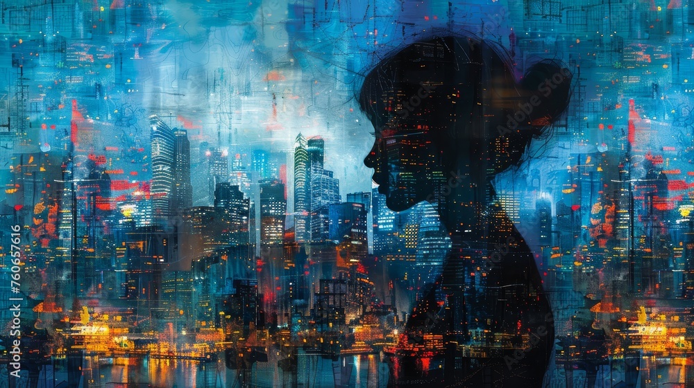 A captivating double exposure image blending a silhouette profile with a vibrant cityscape, creating a fusion of individuality and urban life. - obrazy, fototapety, plakaty 