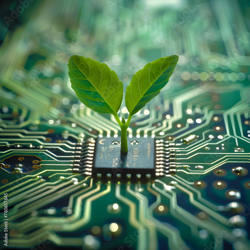 Green plant growing on computer circuit board, safe and environmentally friendly technology