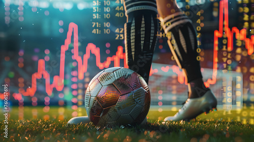 Close up foot of a soccer player kicking a ball with stock chart background, investing or trading in stock or currency market like playing sports