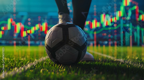 Close up foot of a soccer player kicking a ball with stock chart background  investing or trading in stock or currency market like playing sports