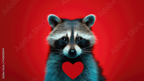 Purr-fect Love: raccoon on Blue Background with Heart © Andriy