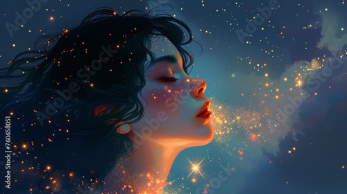 A dreamy portrait of a woman, her closed eyes and serene expression illuminated by the surrounding cosmic starlight.