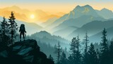 The silhouette of a backpacker stands atop a cliff, witnessing the sun rising over layered mountain ridges and evergreen trees.