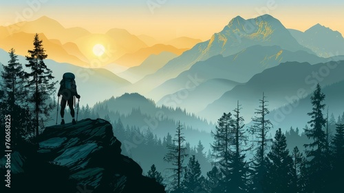 The silhouette of a backpacker stands atop a cliff, witnessing the sun rising over layered mountain ridges and evergreen trees. #760658225