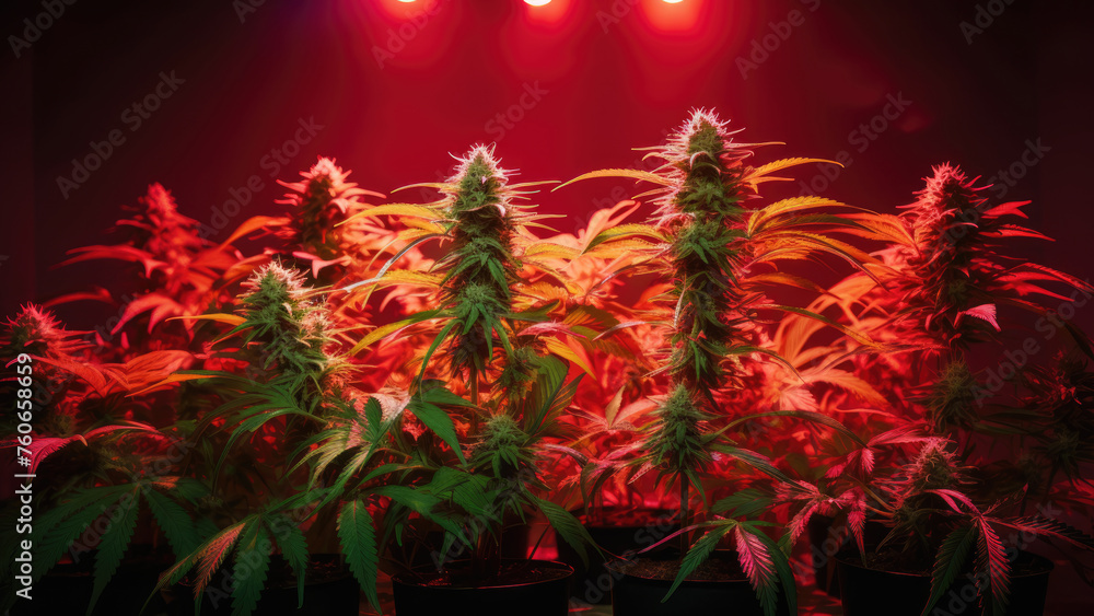 Lush Green Cannabis Foliage Illuminated by Red Grow Lights
Lush Green Cannabis Foliage Illuminated by Red Grow Lights