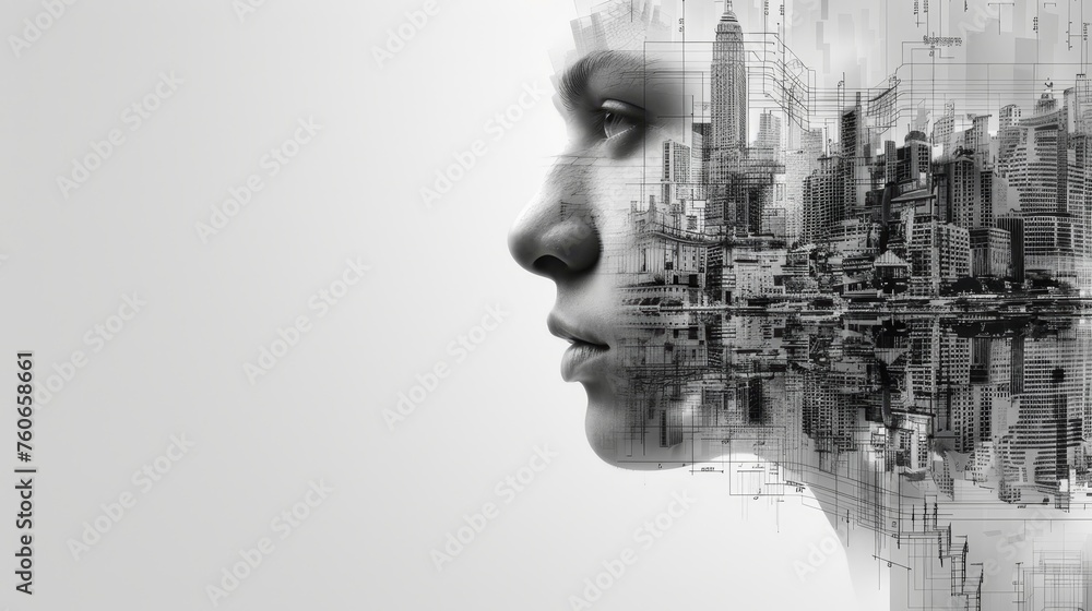 Monochromatic image blending a side profile of a human face with architectural city elements, depicting the intersection of identity and urban environment. Monochromatic image blending a side profile of a human face with architectural city elements, depicting the intersection of identity and urban environment.
