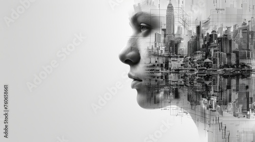 Monochromatic image blending a side profile of a human face with architectural city elements, depicting the intersection of identity and urban environment. photo